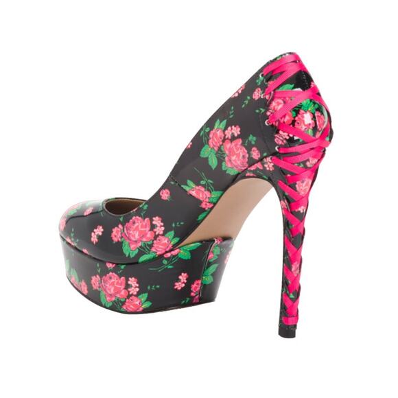 Betsey Johnson Black and Pink Floral Heels - Picture 2 of 14